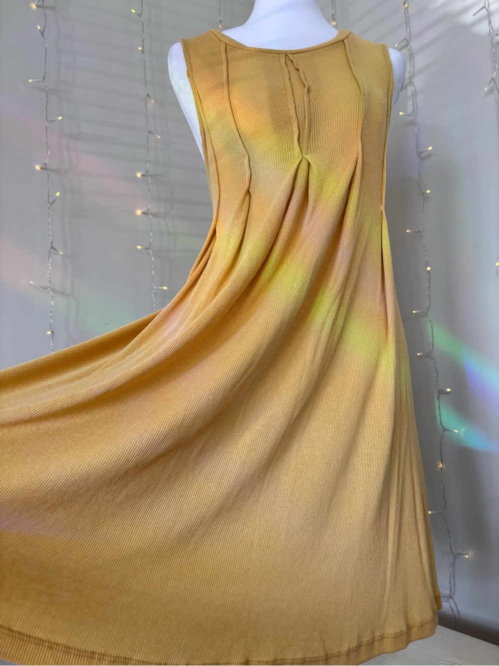 Pleated Ribbed Swing Dress in Yellow Size M